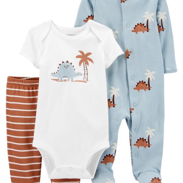 Set 3 piezas pijama con pie, pelele y body dinos