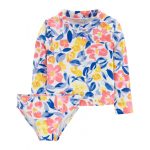 Traje de baño dos piezas con protección UPF 50+, manga larga diseño flores