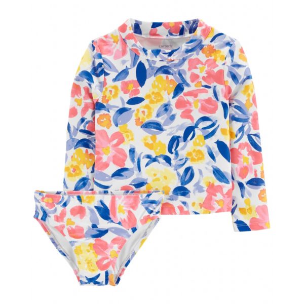 Traje de baño dos piezas con protección UPF 50+, manga larga diseño flores