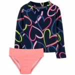 Traje de baño dos piezas con protección UPF 50+, manga larga diseño corazones