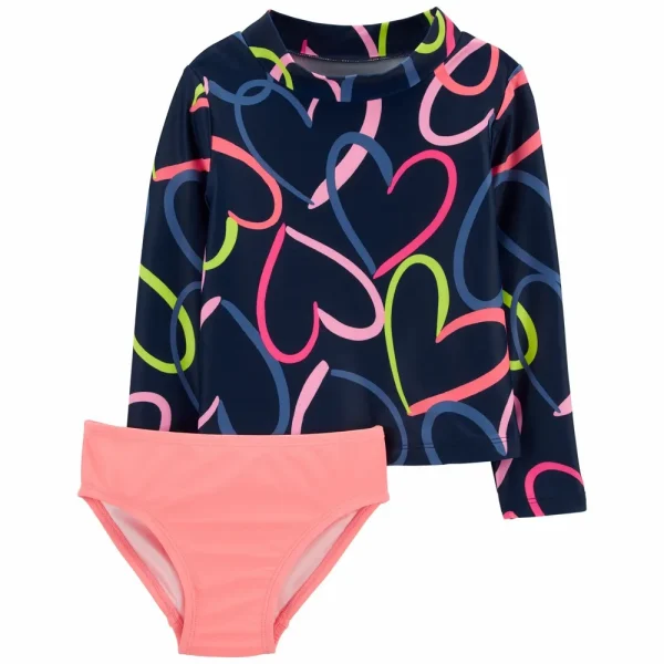 Traje de baño dos piezas con protección UPF 50+, manga larga diseño corazones