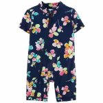 Monito de baño manga corta, con protección UPF 50+, azul diseño flores