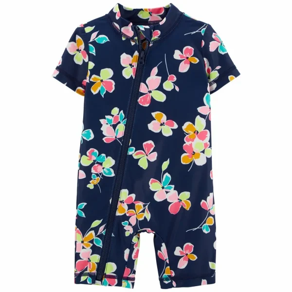 Monito de baño manga corta, con protección UPF 50+, azul diseño flores