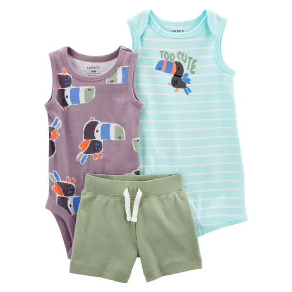 Set 3 piezas Carter's, monito corto, short y body de algodón, diseño tucán
