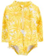 Malla de una pieza, manga larga con protección UPF 50+ y diseño floral amarillo