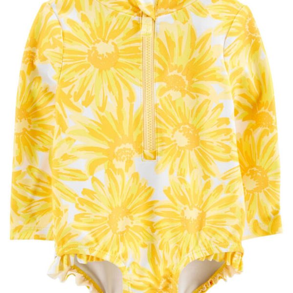 Malla de una pieza, manga larga con protección UPF 50+ y diseño floral amarillo