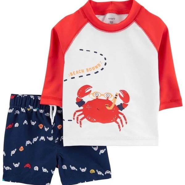 Traje de baño dos piezas con protección UPF 50+, manga raglán con diseño cangrejo