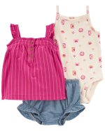 Set 3 piezas Carter’s short chambray, blusa y body estampado
