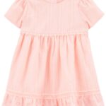 Vestido rosado manga corta con detalles de puntillas