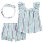 Conjunto 3 piezas Carter’s en lino a rayas, short, bluza y accesorio