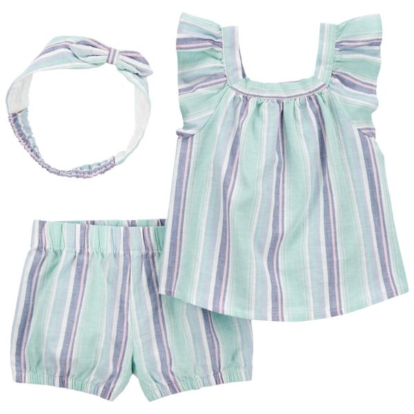 Conjunto 3 piezas Carter’s en lino a rayas, short, bluza y accesorio