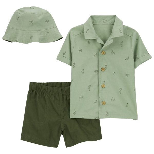 Conjunto 3 piezas Carter’s camisa, short y gorro pescador reversible