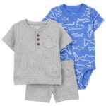 Set 3 piezas Carter’s short, remera henley y body azul diseño tiburones