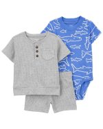 Set 3 piezas Carter’s short, remera henley y body azul diseño tiburones