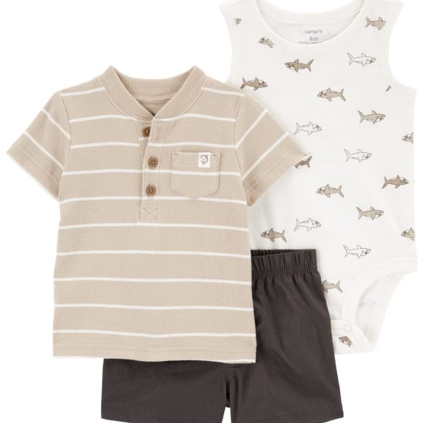 Set 3 piezas Carter’s short, remera henley y body diseño tiburones