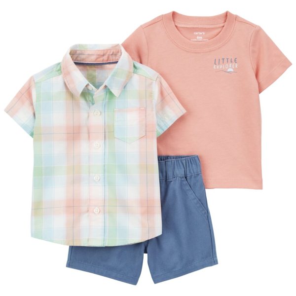 Set 3 piezas Carter’s short, camisa cuadrillé y remera estampada