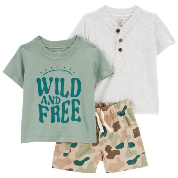 Set 3 piezas Carter’s short camuflado, remera henley y remera estampada