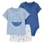 Set 3 piezas Carter’s short, remera y body, diseño veleros