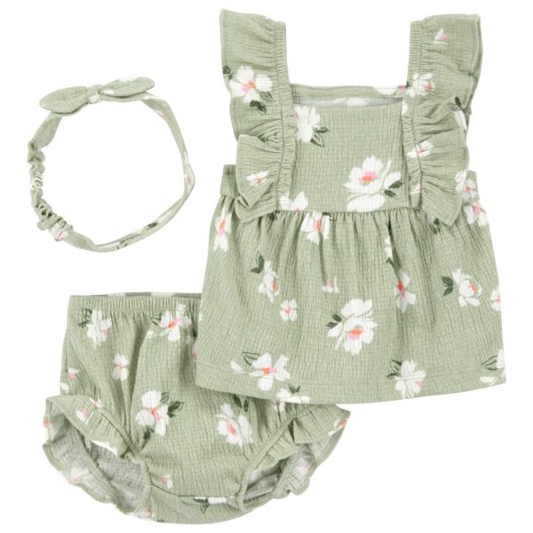 Conjunto 3 piezas Carter’s verde diseño floreado, short, bluza y accesorio