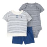 Set 3 piezas Carter’s short azul, remera y body a rayas