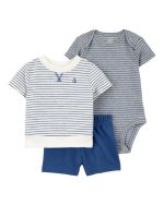Set 3 piezas Carter’s short azul, remera y body a rayas