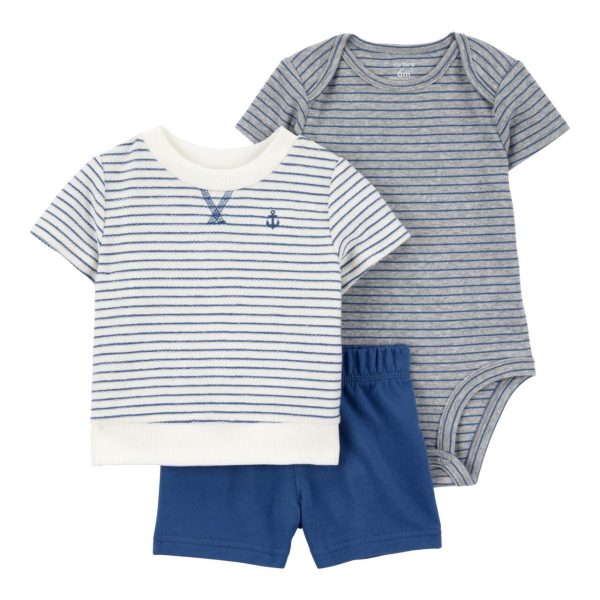 Set 3 piezas Carter’s short azul, remera y body a rayas