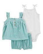 Set 3 piezas Carter's conjunto a cuadros de bluza y short con body musculosa