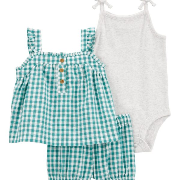 Set 3 piezas Carter's conjunto a cuadros de bluza y short con body musculosa