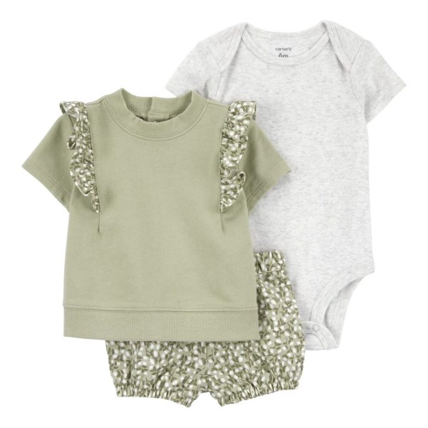 Set 3 piezas Carter's body más un conjunto de remera con bolados y short
