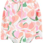 Malla de baño manga larga con protección UPF 50+, diseño flores rosadas