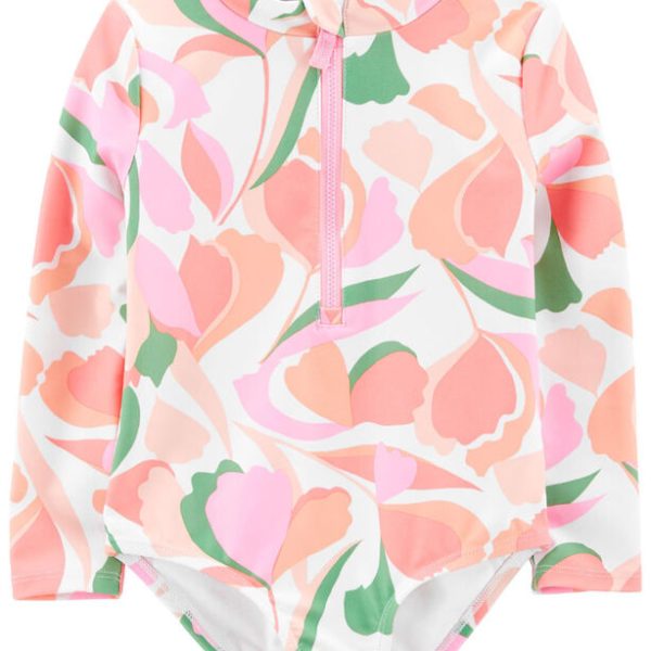 Malla de baño manga larga con protección UPF 50+, diseño flores rosadas