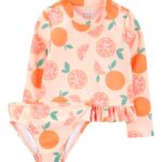 Malla de baño dos piezas manga larga con protección UPF 50+, diseño naranjas