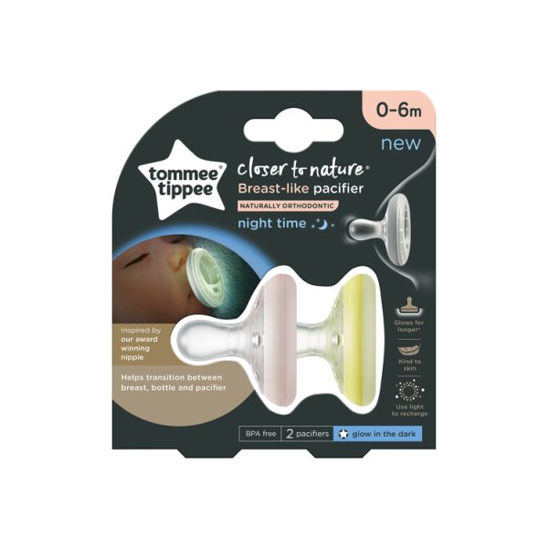 Pack x2 chupetes Tommee Tippee Like Breast Noche (0-6m), rosa y amarillo