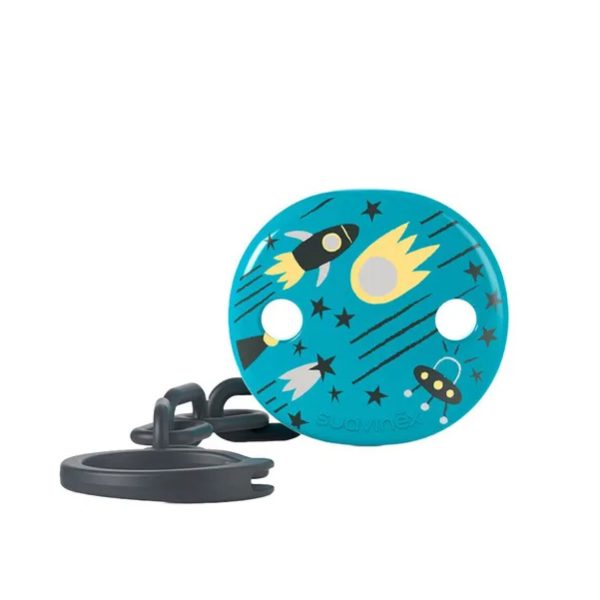 Clip redondo Suavinex con cadena para chupete, diseño Space azul