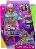 Barbie Extra Muñeca articulada con Trenzas Rosas y Ropa de Flores, Accesorios de Moda y Mascota