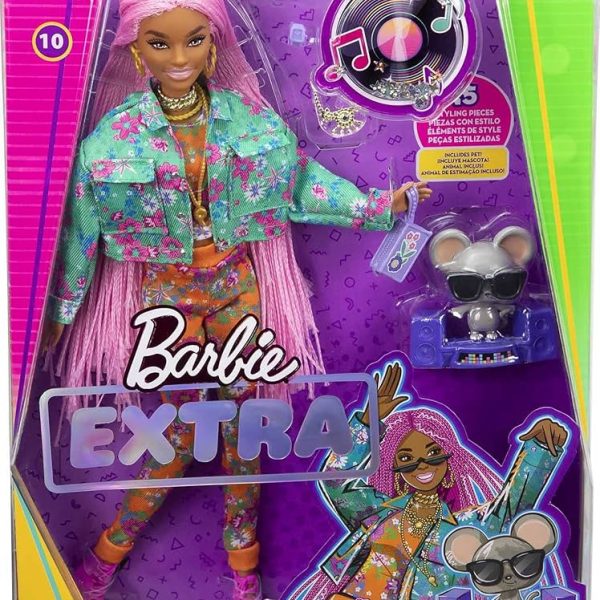 Barbie Extra Muñeca articulada con Trenzas Rosas y Ropa de Flores, Accesorios de Moda y Mascota