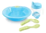 Set plato, vaso y cubiertos colores fuertes celeste