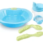 Set plato, vaso y cubiertos colores fuertes celeste