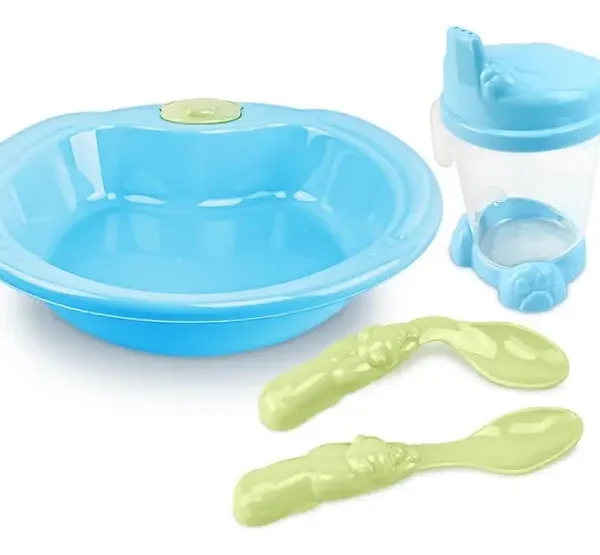 Set plato, vaso y cubiertos colores fuertes celeste