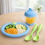 Set plato, vaso y cubiertos colores fuertes celeste - Image 4