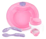 Set plato, vaso y cubiertos colores fuertes rosa